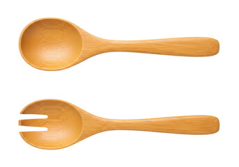 Isolated wooden kitchen utensils, spoon and spork for salad, food preparation, cooking