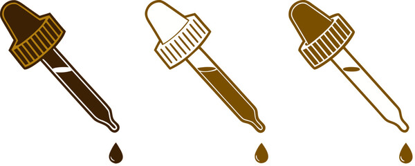 Three dropper icons are displayed against a clean white background. Each dropper is depicted at a slightly different stage of dispensing a drop. The leftmost dropper is rendered as an outline, showing