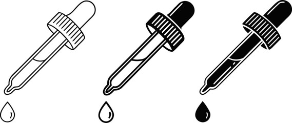 Three dropper icons are displayed against a clean white background. Each dropper is depicted at a slightly different stage of dispensing a drop. The leftmost dropper is rendered as an outline, showing