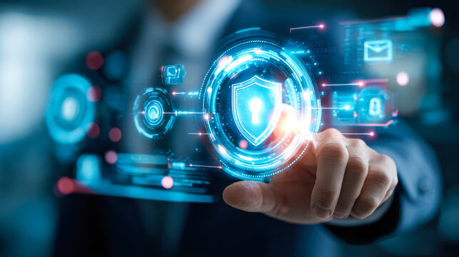 Digital security concept with futuristic encryption interface and shield icon in a high-tech environment