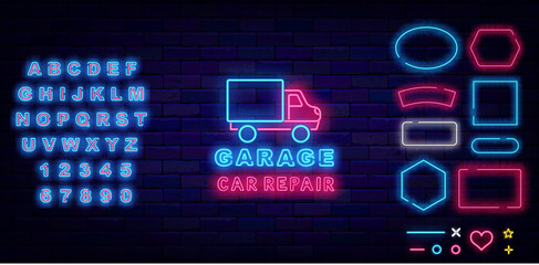 Garage auto repair neon sign. Car service. Shiny blue alphabet. Motor repair service. Vector stock illustration