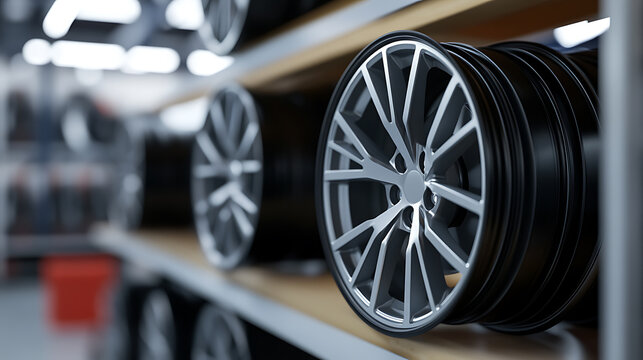 Sleek, silver-spoked car rims on a wooden shelf, ready to enhance any vehicle's aesthetic appeal. Perfect for auto enthusiasts and those seeking style!