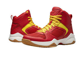 Isolated red and yellow basketball shoes offer high performance and athletic style on court