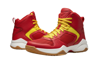 Isolated red and yellow basketball shoes offer high performance and athletic style on court
