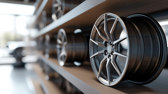 Showcasing an array of sleek, silver car rims arranged neatly on a wooden shelf, highlighting automotive elegance and design. Perfect for car enthusiasts!
