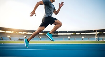 Athlete sprinting on a blue track at a stadium during sunset

