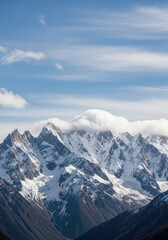 Fototapeta premium Snow Covered Mountain Range Peaks and Ridges Under Blue Sky with Clouds Scenery