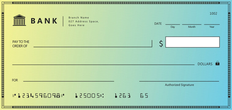 Blue Bank check, vector blank money cheque, checkbook template with guilloche pattern and fields. Currency payment coupon, money check background	