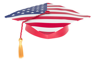 Graduation cap with the United States flag. Education in the USA, concept. 3D rendering