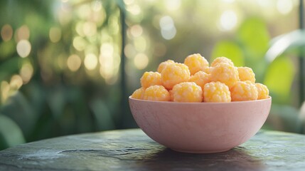 Exquisite pink corn balls on stone surface