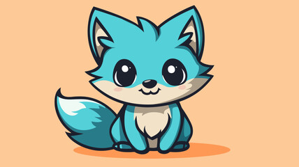 An adorable blue baby fox character sitting with a fluffy tail. A cute and playful kawaii style cartoon animal illustration for kids
