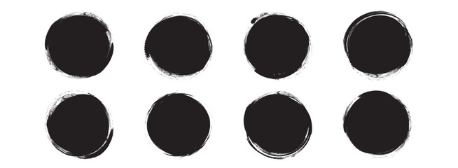 Paint brush stroke blob, charcoal circle bubble shape icon, round crayon blot, coal button set, circular ink spot, grunge edge border hand draw isolated on white background. Simple vector illustration