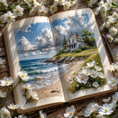 Open book with coastal landscape and flowers on wooden table  