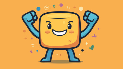 Delightful cartoon block character with a big smile and flexed biceps, symbolizing success, energy, and a happy victorious feeling on an orange background