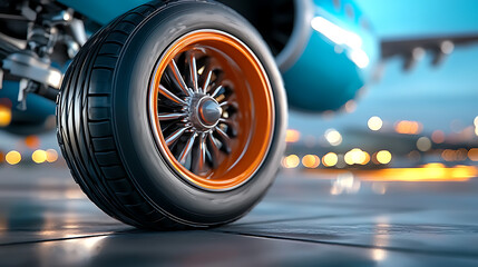 Airplane landing gear close-up airport runway photography urban setting ground level aviation enthusiasm