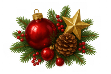 Christmas holiday decoration with red baubles, golden star, pinecone, and festive green fir branches on transparent background