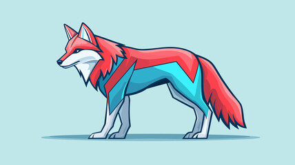 Stylized red and blue wolf mascot with a geometric lightning bolt design standing in profile. A modern vector illustration for branding or emblems