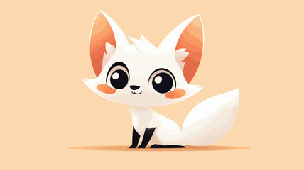 Adorable white baby fox character with big cute eyes and a fluffy tail sitting down. A charming and sweet cartoon animal illustration on a simple pastel background