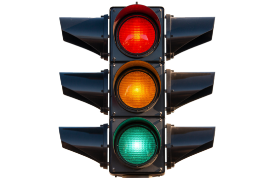 Traffic lights showing red yellow and green against a signal on transparent background