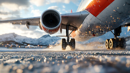 Aircraft landing on icy runway mountainous region aviation photography winter setting close-up view flight dynamics