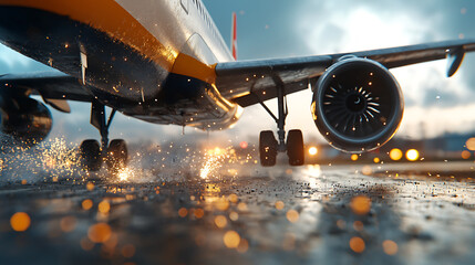 Jet taking off airport runway aviation photography urban environment close-up view action-packed moment