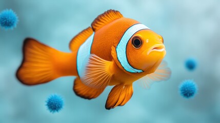 Fototapeta premium A vibrant orange clownfish swims in a blue background, surrounded by small, blue particles, evoking a sense of underwater tranquility and health.