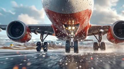 Aircraft landing on rainy runway airport photography urban environment low angle view aviation dynamics