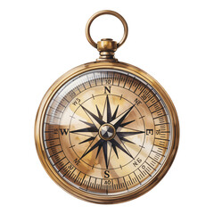 Antique golden compass with a star design pointing north on transparent background