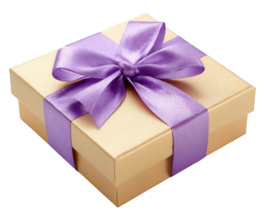 A golden gift box with a beautiful purple ribbon and bow, isolated on a transparent background, perfect for celebrations and special occasions