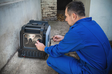 A man in overalls starts a gasoline generator,  his hand holds lever back view