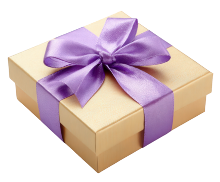 A golden gift box with a beautiful purple ribbon and bow, isolated on a transparent background, perfect for celebrations and special occasions - Powered by Adobe