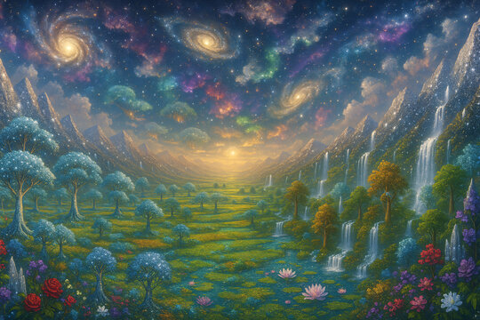 Cosmic Valley Fantasy Landscape with Waterfalls & Bioluminescent Trees | Mystical Universe Garden | Ethereal Digital Art Background