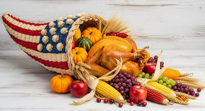 Rustic cornucopia with American flag design spilling autumn harvest and turkey, Thanksgiving celebration and patriotic abundance
