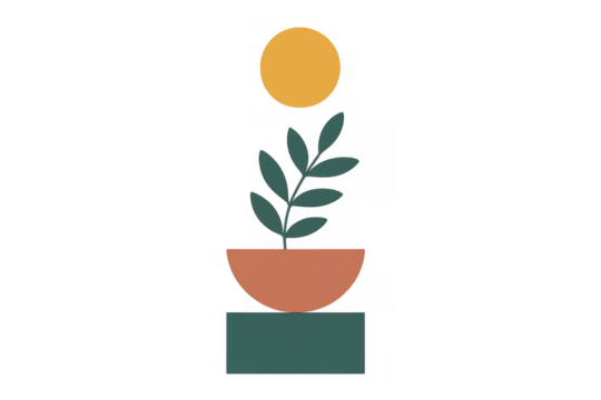 Abstract boho plant in terracotta pot with sun, minimalist aesthetic creating a modern botanical design