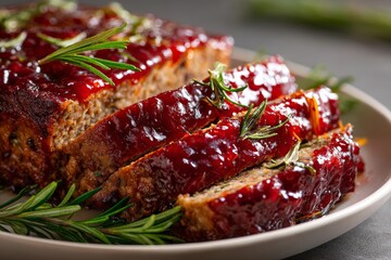 Obraz premium Cranberry Orange Glazed Meatloaf on white plate, sliced, covered in rich, red cranberry sauce, garnished with fresh rosemary. Concept of meatloaf glazed with cranberry and orange sauce.