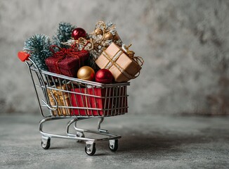 Charming miniature shopping cart adorned with festive Christmas decorations, a delightful festive detail perfect for holiday promotions and seasonal gifting concepts.