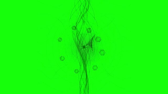 Abstract Rotating Radar Rings and Hexagons on Solid Green Screen Background Loop