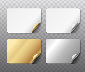 3d realistic vector icon illustration. Curled paper stockers in white color with gold and silver. Isolated on background.