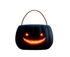 A spooky black plush pumpkin candy bucket with a glowing orange carved face and handle, isolated on a transparent background, perfect for halloween trickortreating and seasonal decorations
