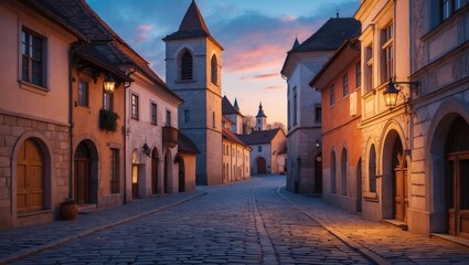 Obraz premium Historic European Town Street at Dusk, Cobblestone Road and Traditional Architecture