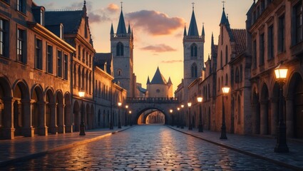 Fototapeta premium Charming European Street at Dusk: Cobblestone Road, Historic Buildings, Warm Lighting