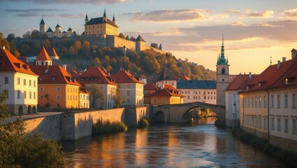 Fototapeta premium Krom???? Czech Republic Aerial View: River, Castle, Historic Architecture at Sunset