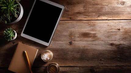 Rural Education Technology. A tablet, notebook, pen, and plant arranged on a rustic wooden surface.