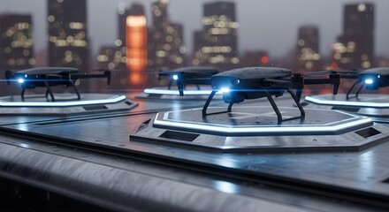 Futuristic Drone Fleet Ready for Urban Missions at Night