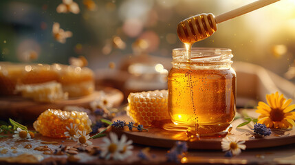 Honey. Jar with natural Honey. Natural organic honey in a glass jar. Beautiful advertising photo with space for text. Benefits of honey. Natural antioxidant. Prevention and treatment of colds. Natural