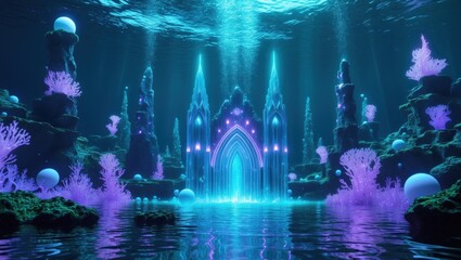 Magical Underwater Kingdom with Crystal Structures and Bioluminescent Coral