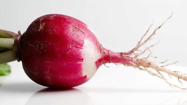 Macro photograph of a single, fresh radish with its vibrant red skin and delicate root tendrils captured against a stark white background, highlighting its texture and form.
