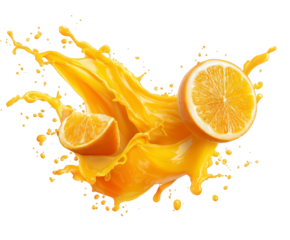 Fresh orange slices splashing into vibrant orange juice, creating a dynamic and refreshing explosion of citrus flavor, isolated on transparent background