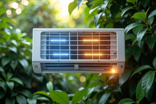 Hovering Split HVAC System Unit Above Vibrant Jungle Background: Contrasting Cold and Warm Air Flow