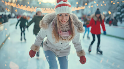 Ice rink at Christmas. Outdoor rink with Christmas decorations, people and cozy atmosphere. People skating on the rink. Winter holidays. Ice skating	
